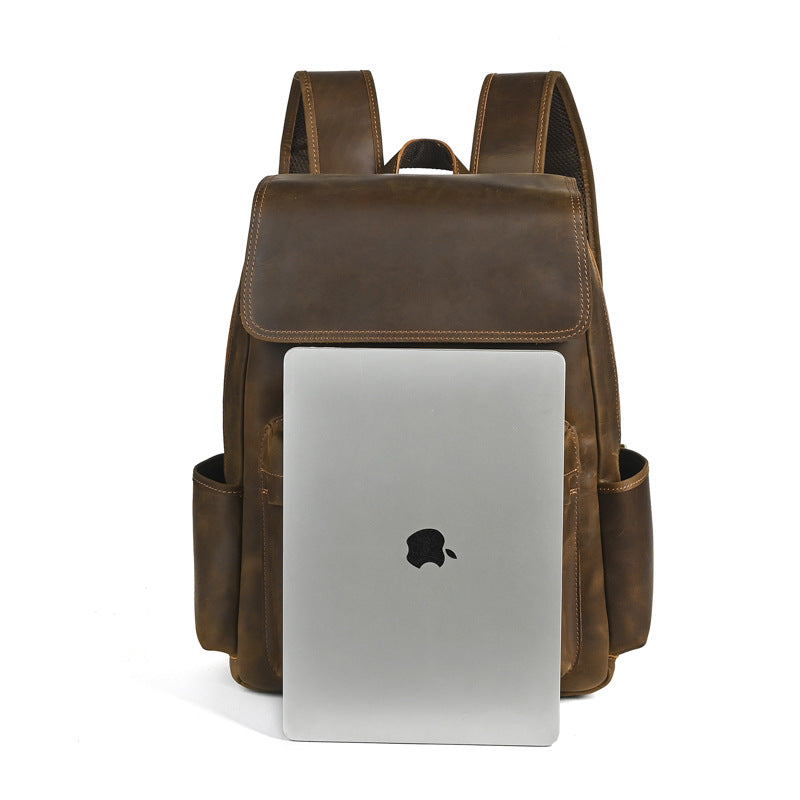 Genuine Leather Commuter Backpack for Men – Flip-Top Multi-Pocket Urban Business Bag