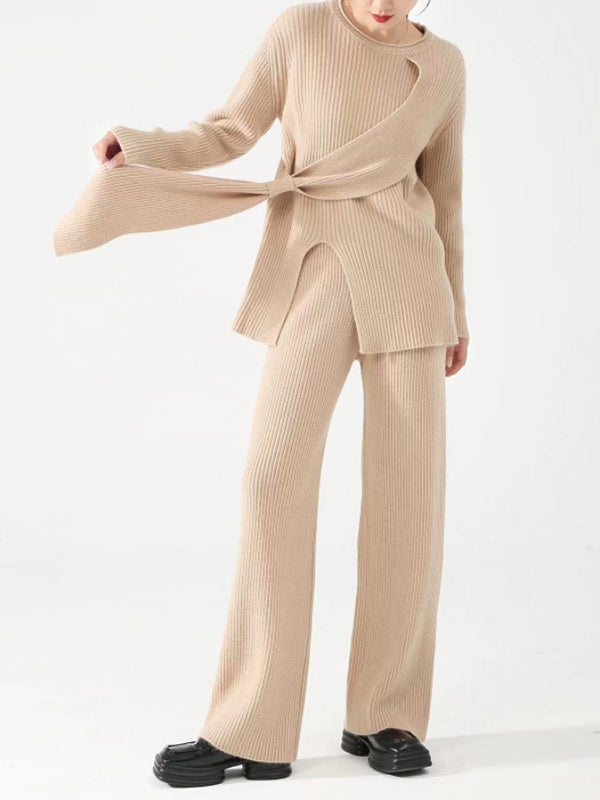 Loose Asymmetric Solid Color Split-Front Round-Neck Long Sleeves Sweater Top   Pants Bottom Two Pieces Set