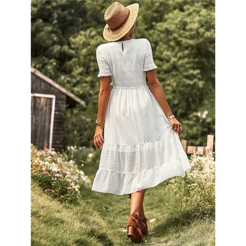 Solid Color Short Sleeve Round Neck Midi Dress for Women