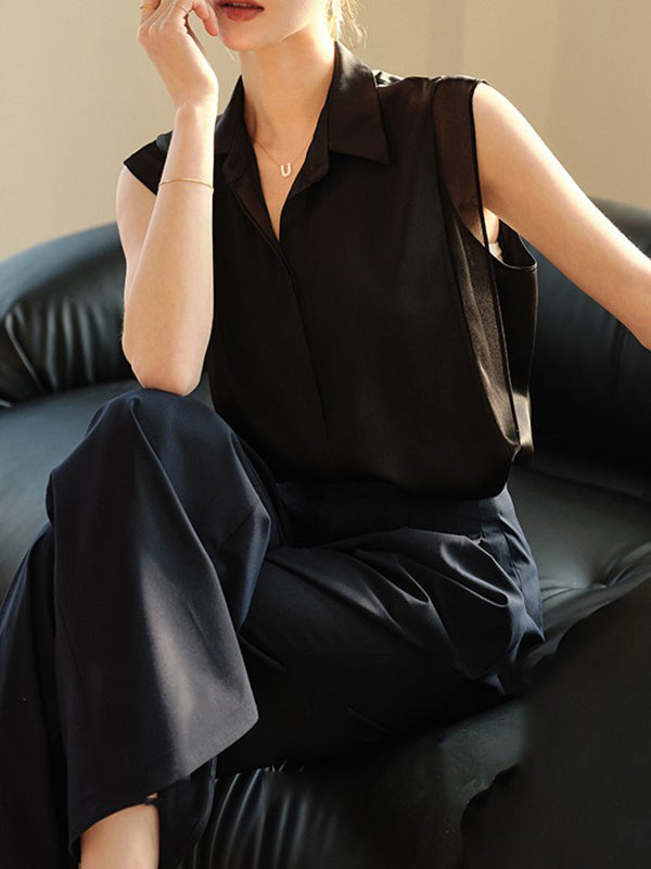 Loose Sleeveless Buttoned Solid Color Split-Joint Lapel Blouses&Shirts Tops