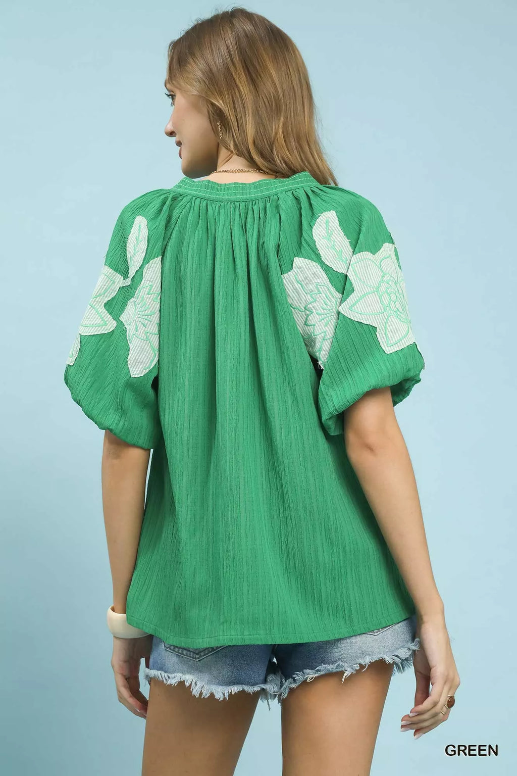 Embroidered Balloon Sleeve Notch Neck Blouse