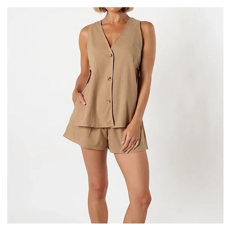 Sleeveless Cotton-Linen Two-Piece Shorts Set