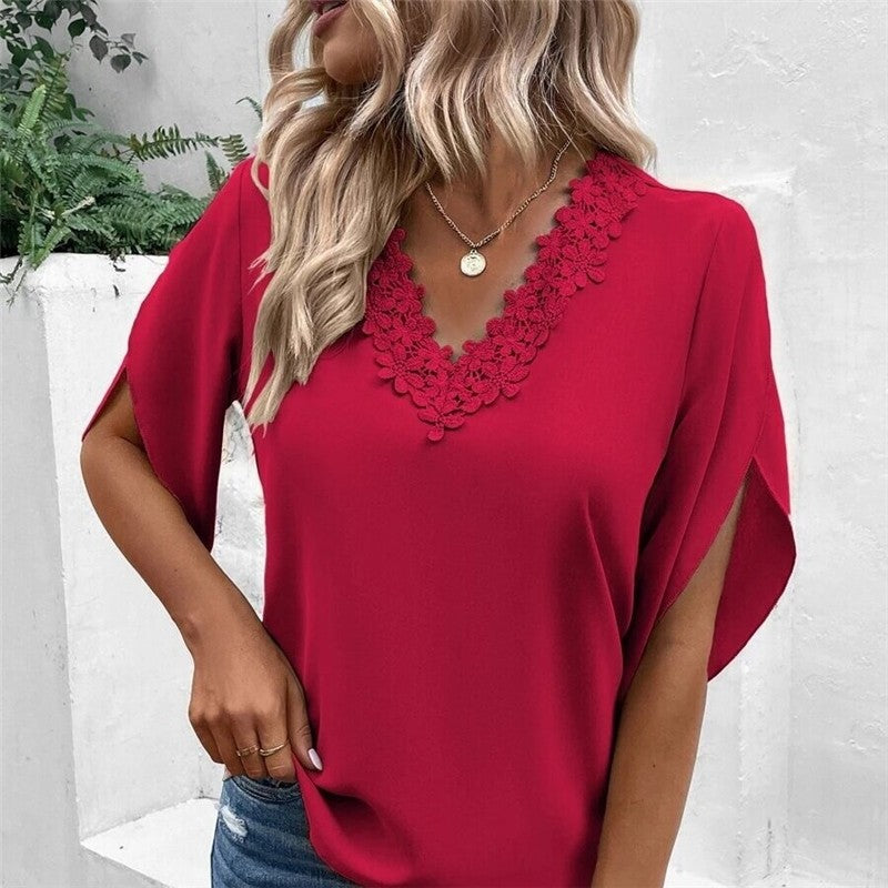 Solid Color Lace Trim V-Neck Trumpet Sleeve Blouse