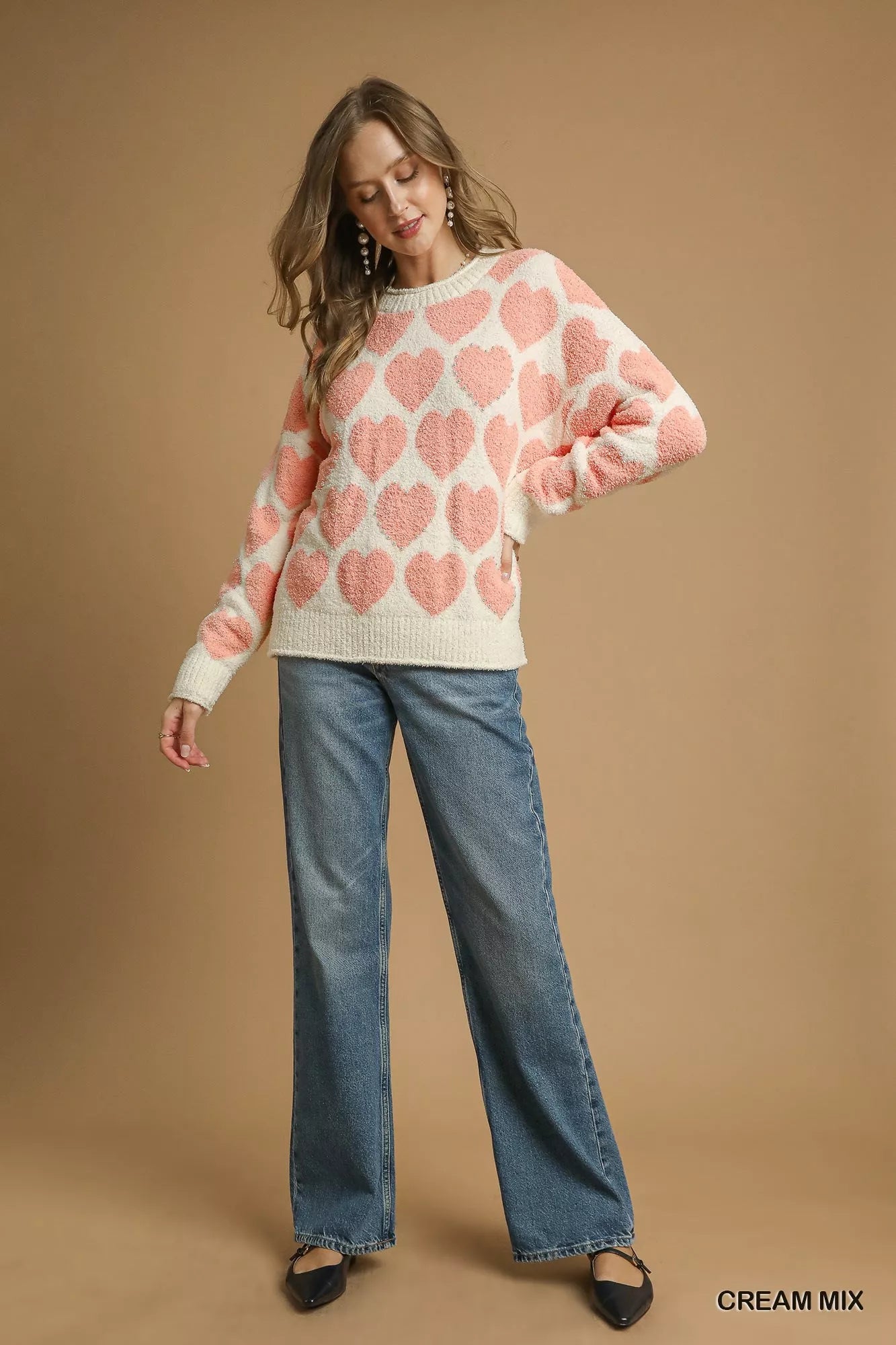 Mix Heart Pattern Pearl Accent Sweater