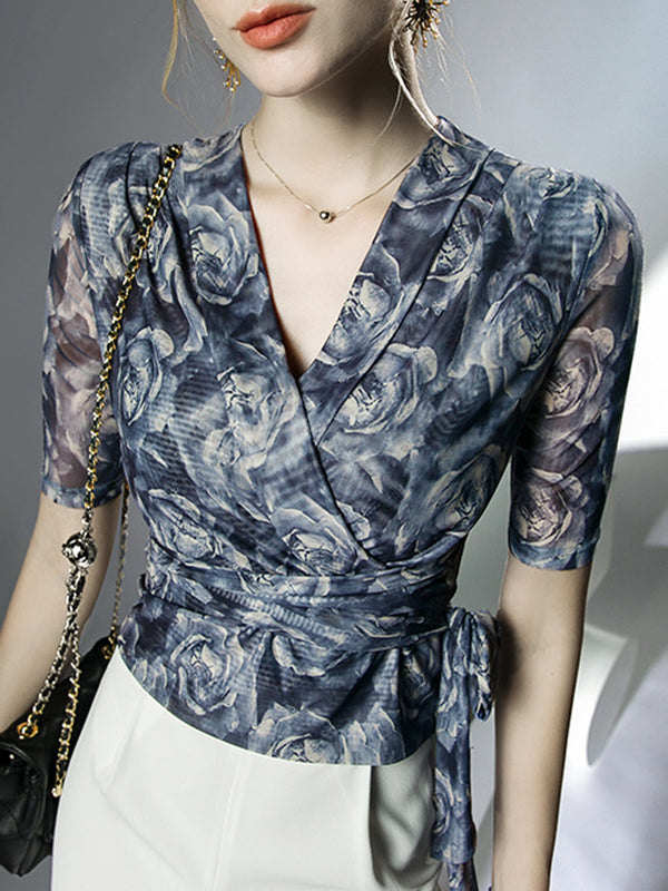Half Sleeves Plus Size Flower Print Mesh Tied V-Neck Blouses&Shirts Tops
