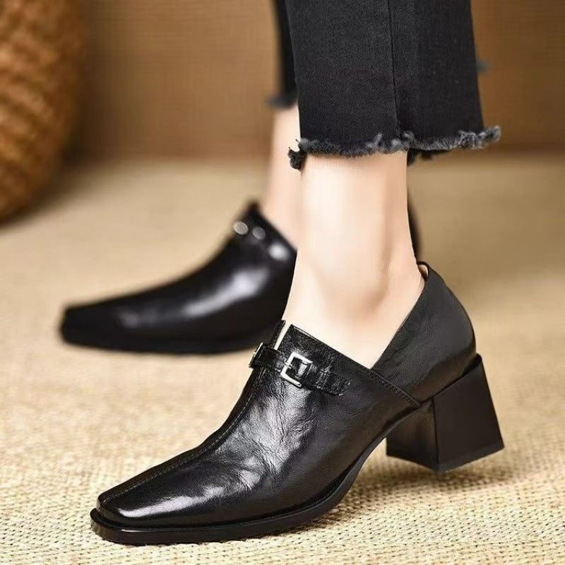 Women's Square Toe Wedge Buckle Boots – Leather High-Top Dress Shoes | Black & Dark Brown