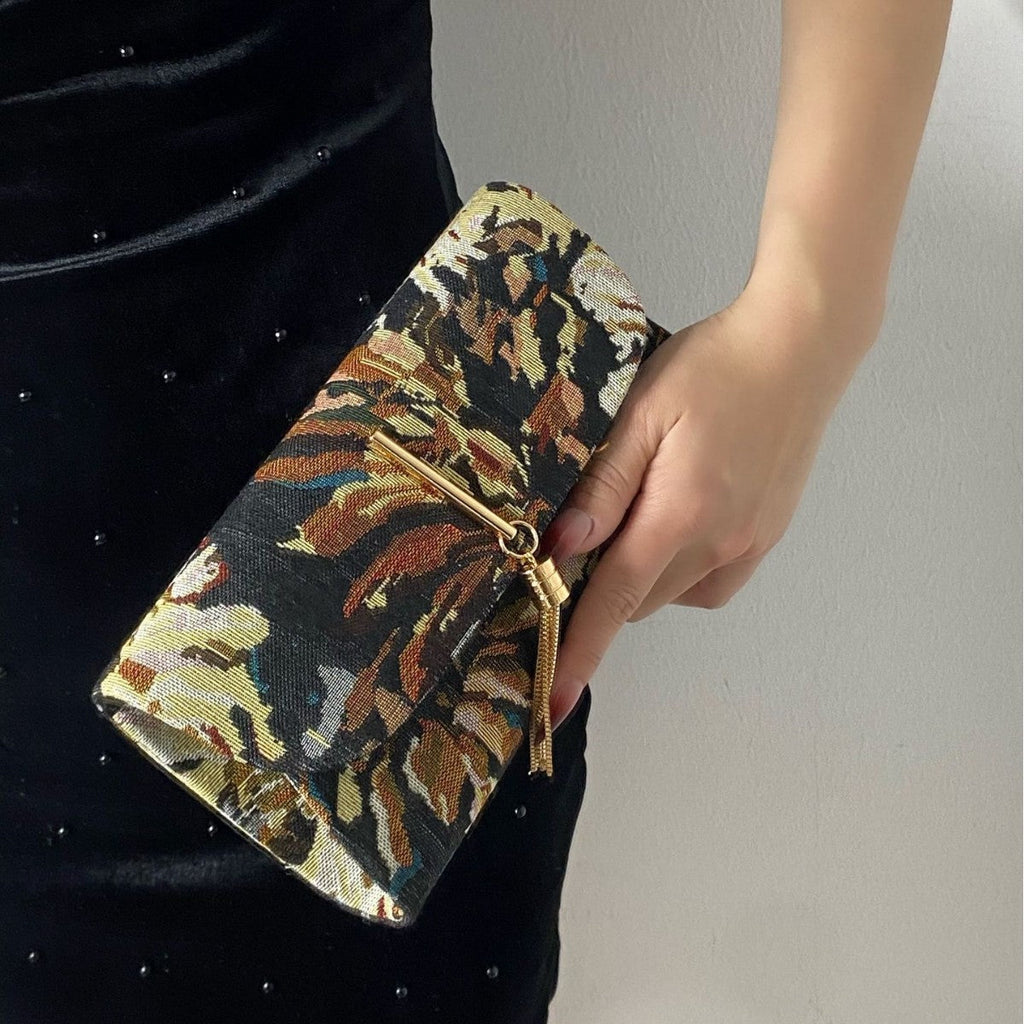 Embroidered Floral Evening Clutch Bag - Rhinestone Chain Shoulder Bag for Women
