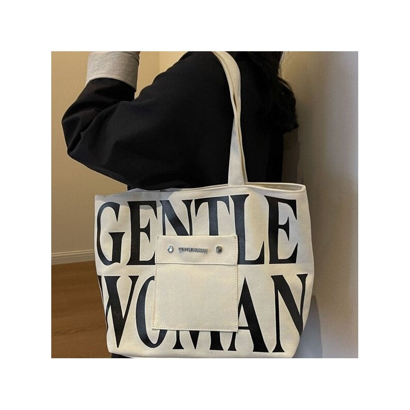 Letter Print Canvas Shoulder Bag with Large Capacity