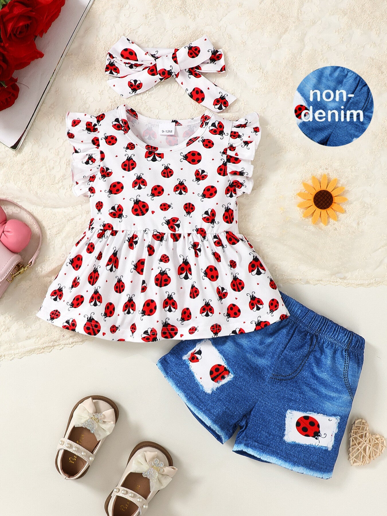 Children's Ladybug Print Ruffle Trim Top & Shorts & Headband Set
