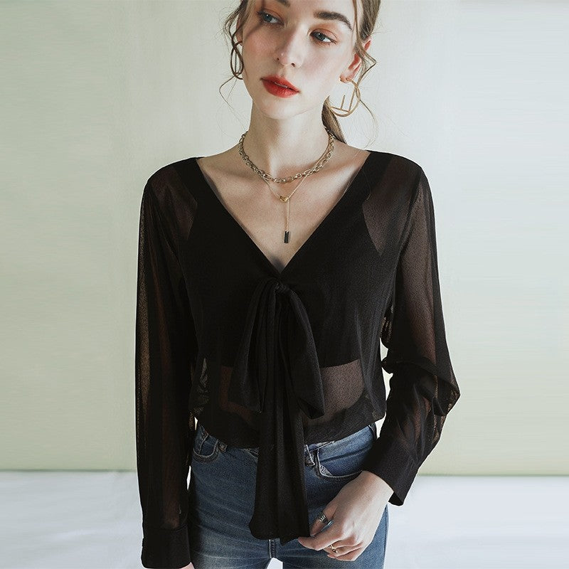 Solid Color V-Neck Bandage Long Sleeve Sheer T-Shirt