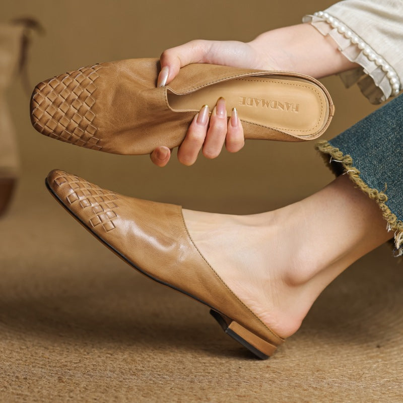 Women's Handmade Vintage Flat Leather Sandals | Cowhide Slip-On | Brown, Khaki & Black