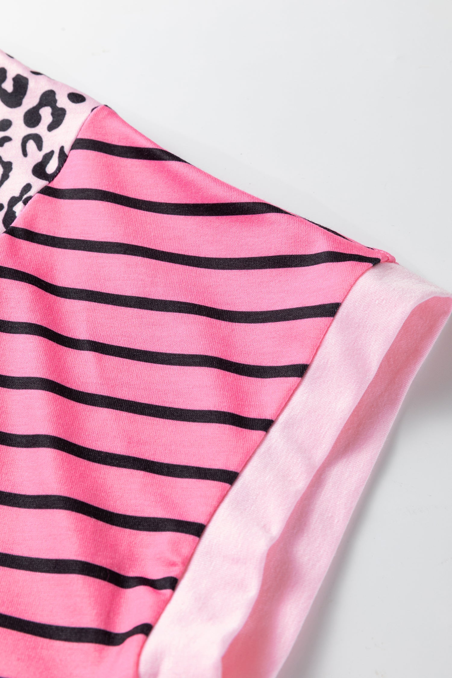 Pink Leopard Striped Patchwork Side Slit Loose Short Sleeve Top