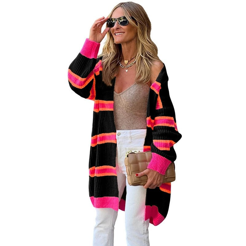 Knitted Color Block Striped Long Cardigan