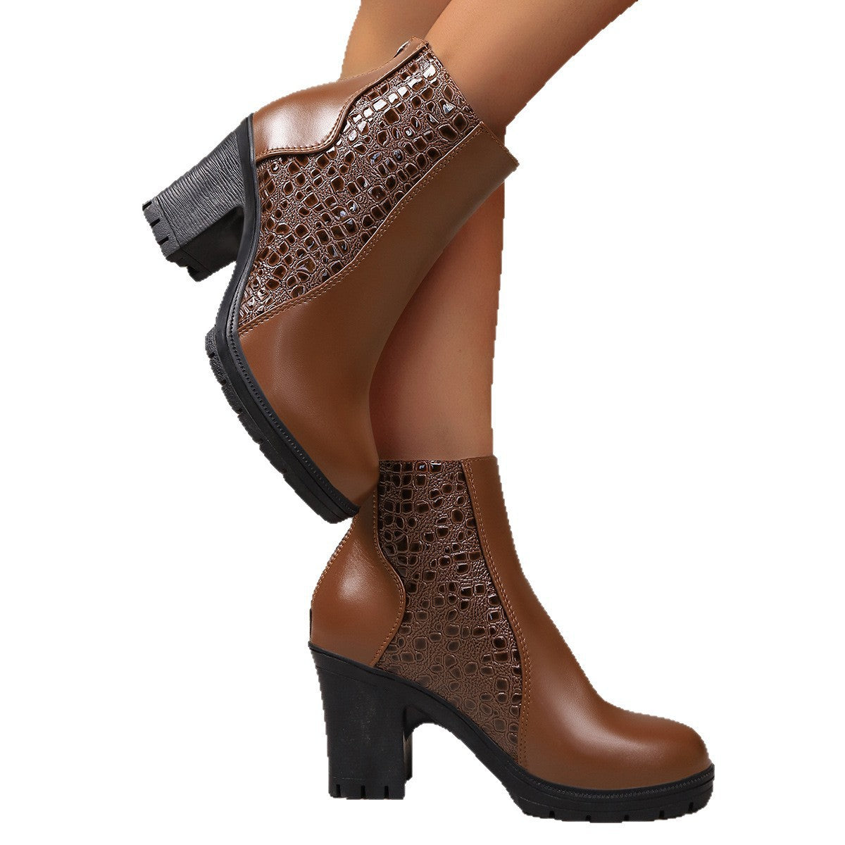 Women's Chunky Heel Back Zipper Ankle Boots | Round Toe Block Heel Shoes