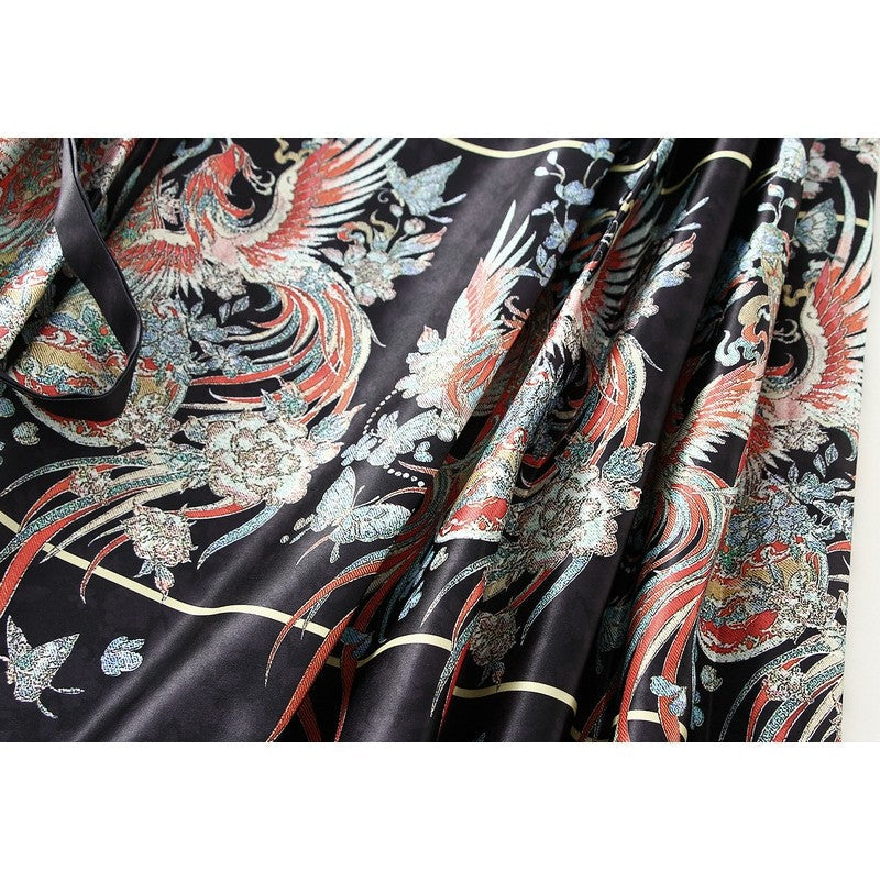 Phoenix Print Pleated Skirt with Chinese Style Waist Tie