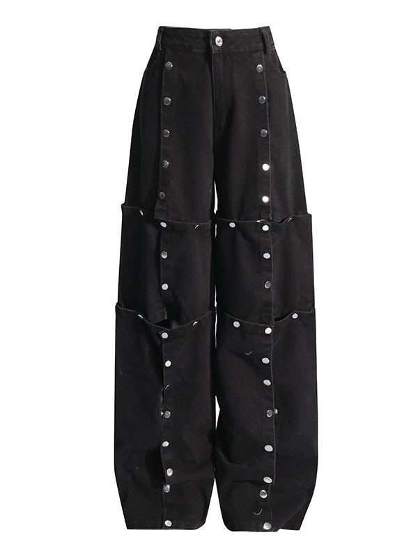 High Waisted Loose Buttoned Detachable No Belt Pockets Split-Joint Jean Pants Bottoms