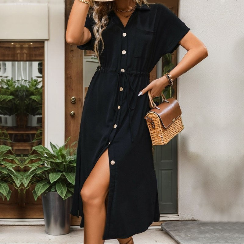 Casual Black V-Neck Shirt Dress