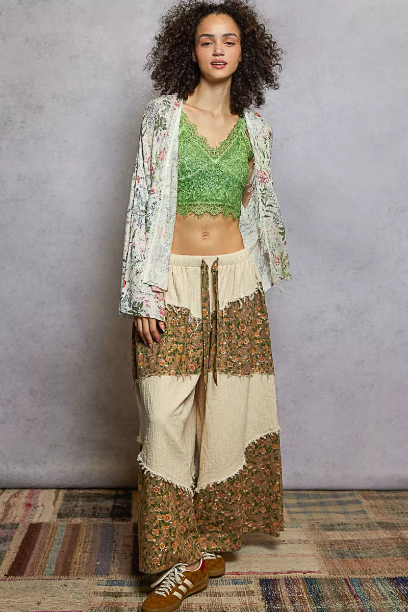 Open Front Floral Cardigan with Center Open Fringe