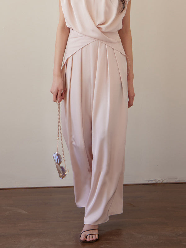 High Waisted Wide Leg Elasticity Pleated Solid Color Pants Trousers