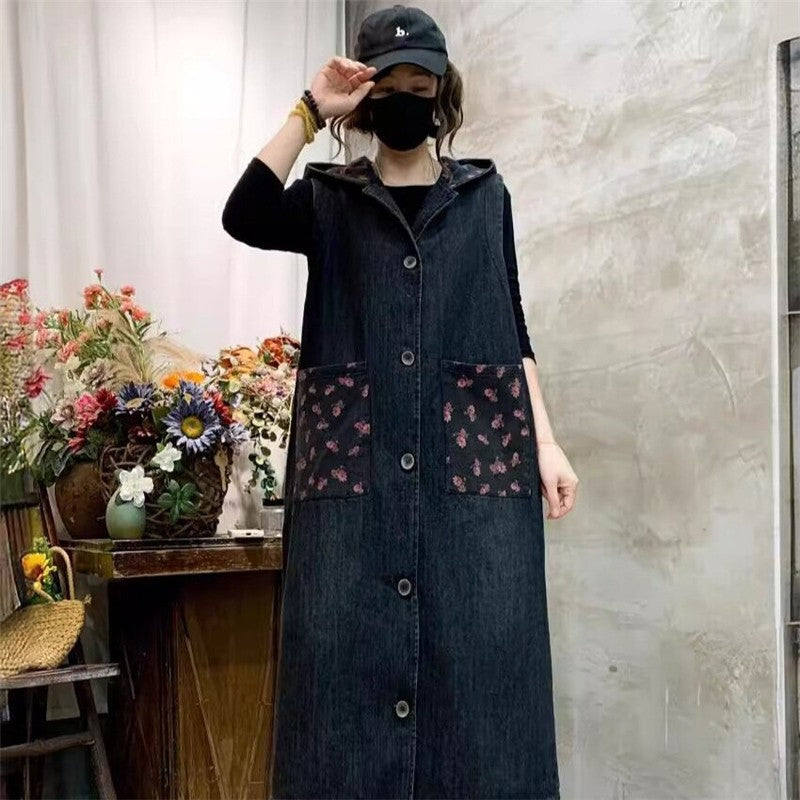 Loose Hooded Long Denim Vest With Printed Patterns