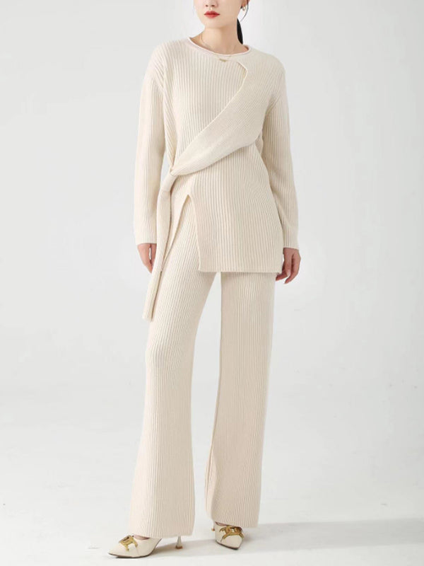 Loose Asymmetric Solid Color Split-Front Round-Neck Long Sleeves Sweater Top   Pants Bottom Two Pieces Set