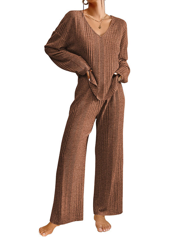 Long Sleeves Loose Solid Color V-Neck Shirt Top + Pants Bottom Pajama Sets