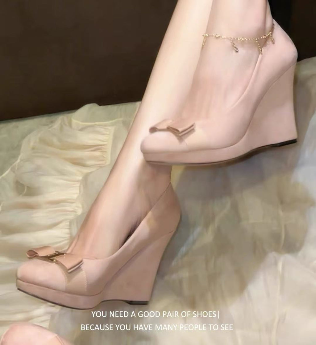 French-Style Vintage Suede Wedge Heels with Metal Buckles - Women's Platform Shoes