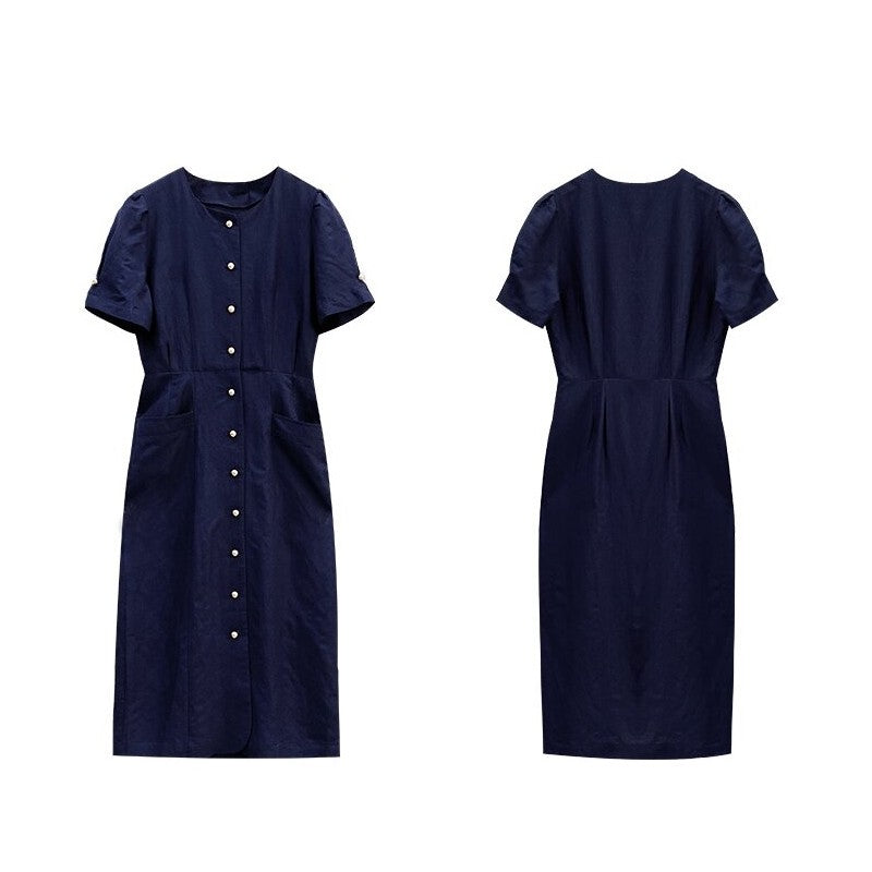 Solid Color Elegant Linen Dress with Slim Waist Fit