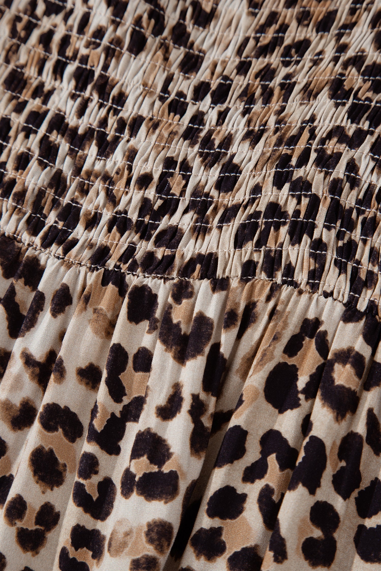 Brown Ruffled Straps Smocked Tiered Leopard Maxi Dress