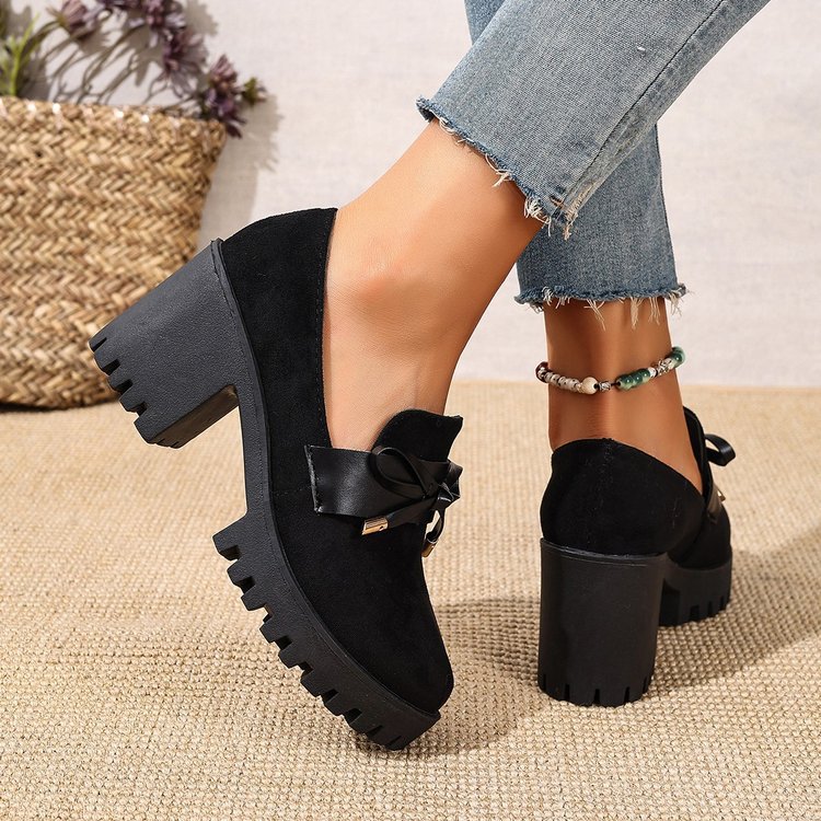 Women's French Loafer Suede Slip-on Shoes - Chunky Heel Pumps with Striped Design