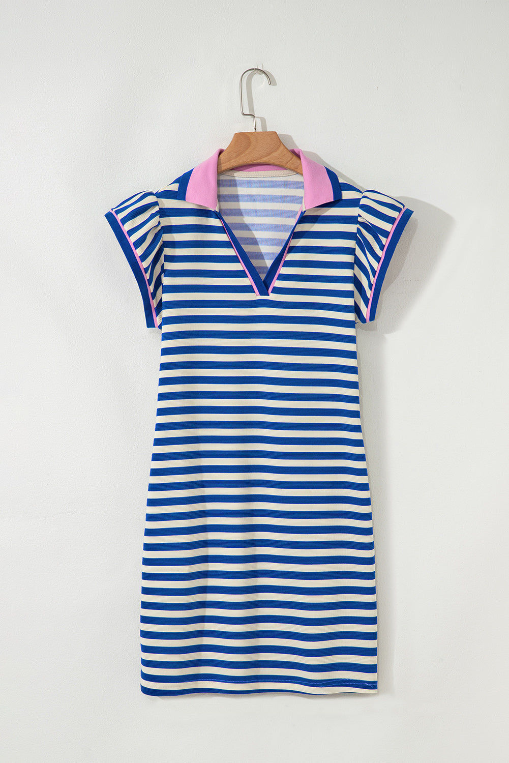 Dark Blue Stripe Print Contrast Collar Split Neck Flutter Sleeve Short Dress
