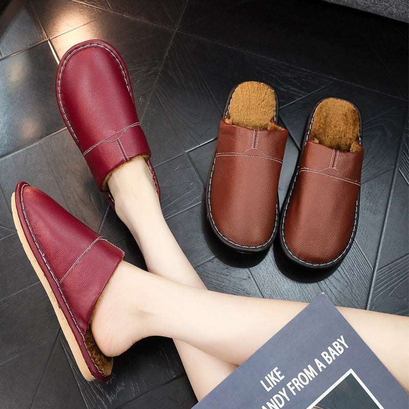 Women's Men's Winter Indoor Leather Slippers | Non-Slip Closed-Toe House Shoes | Cowhide Upper | Couples Slippers