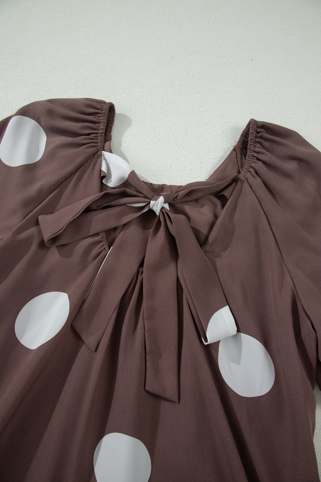 Brown Polka Dot Print Knot Back Short Puff Sleeve Loose Mini Dress