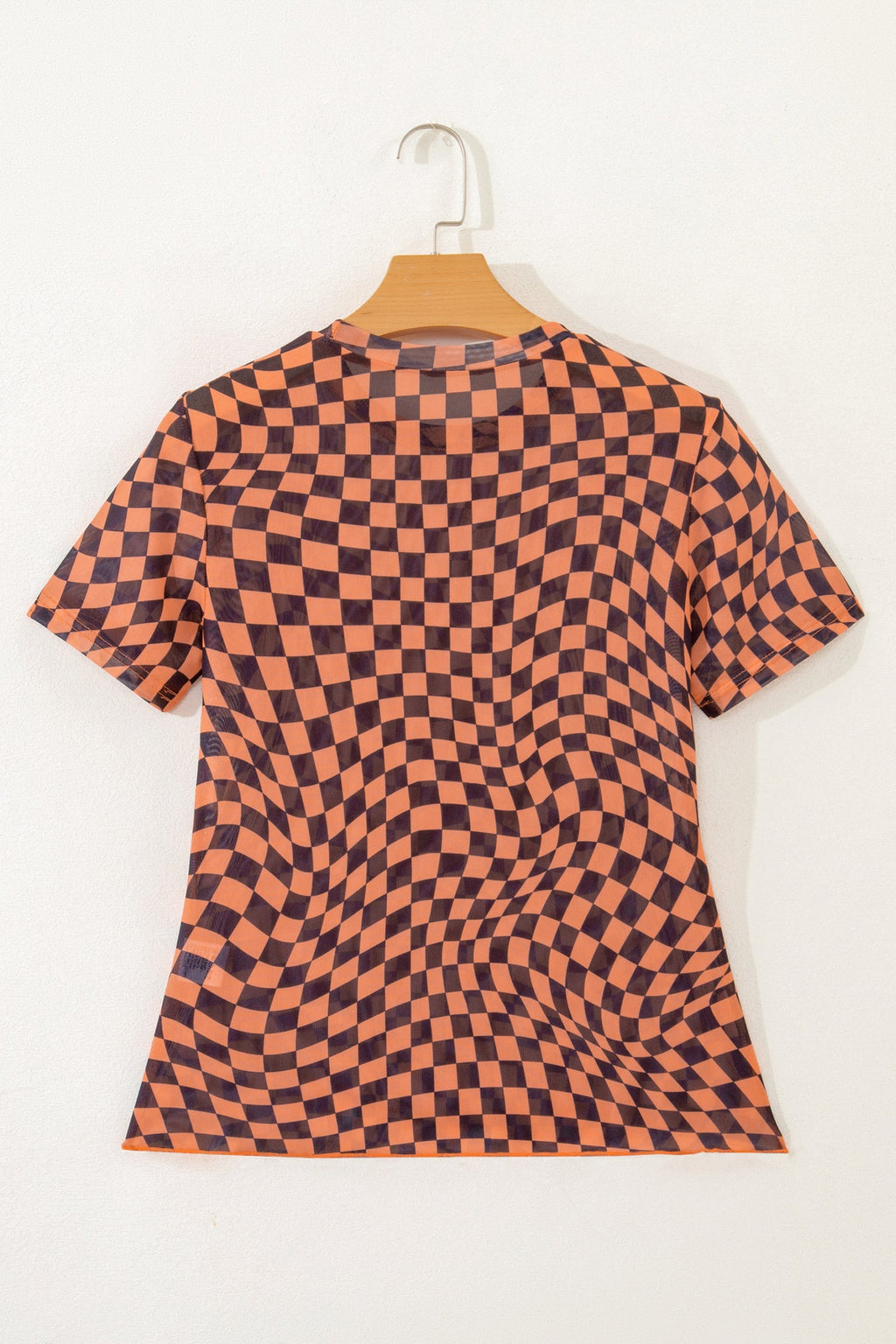 Orange Checkered Print Crew Neck Mesh T Shirt