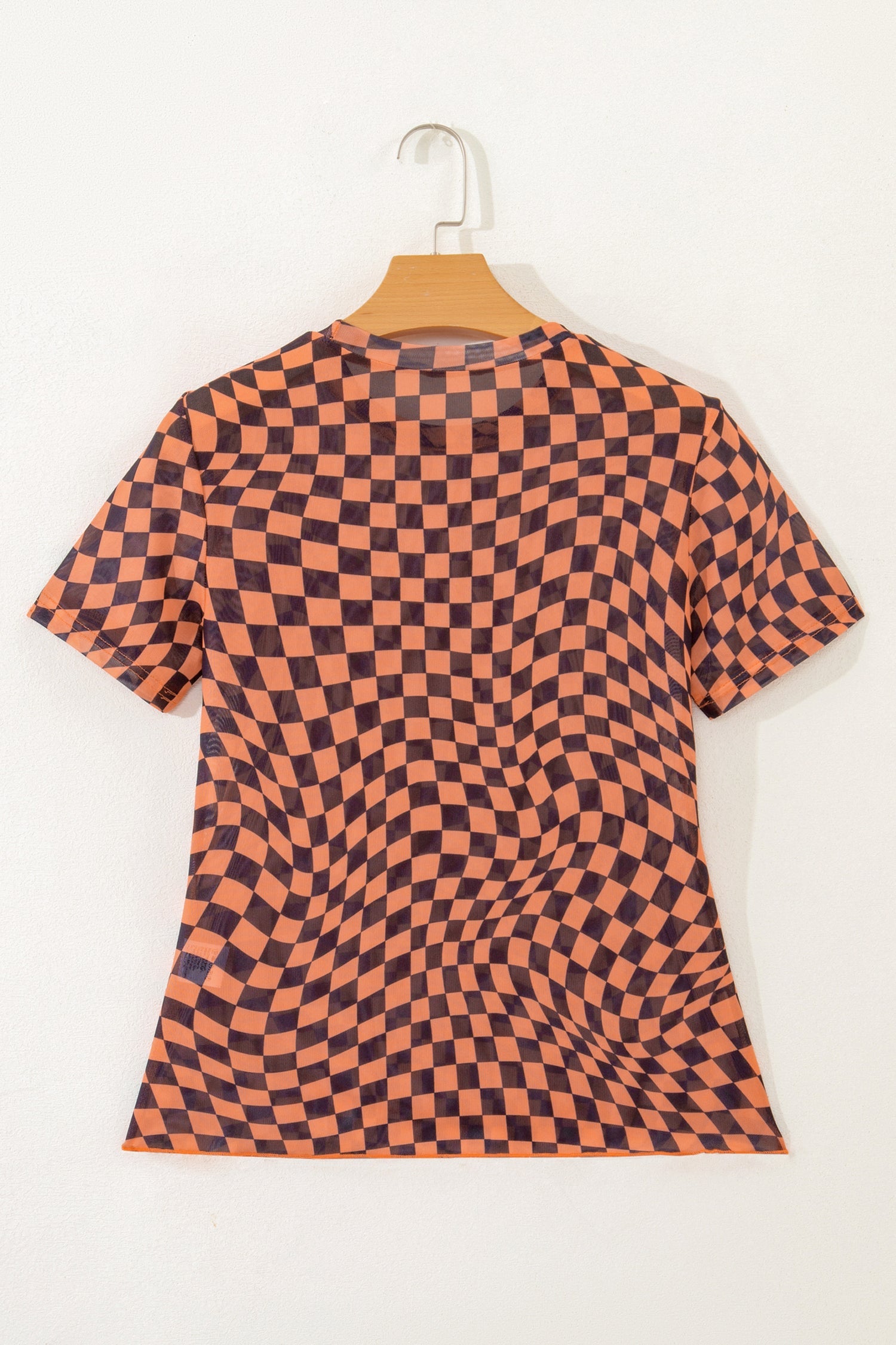 Orange Checkered Print Crew Neck Mesh T Shirt