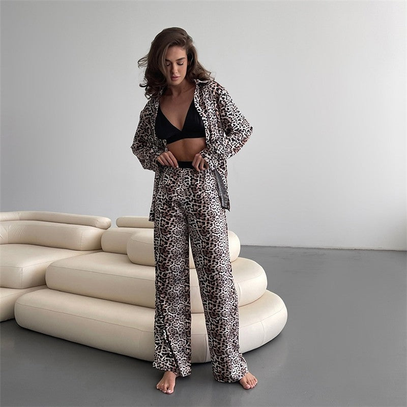 Leopard Print Long Sleeve Lapel Blouse and Pants Set - Two-piece Pajama Suit