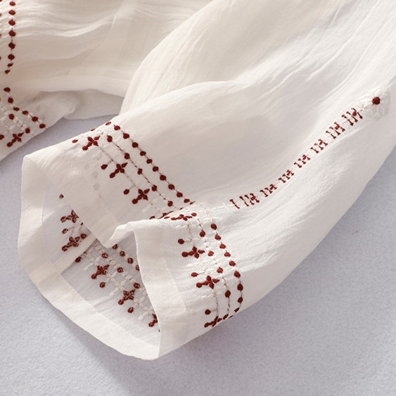 Floral Embroidered Linen Dress with Flared Hem