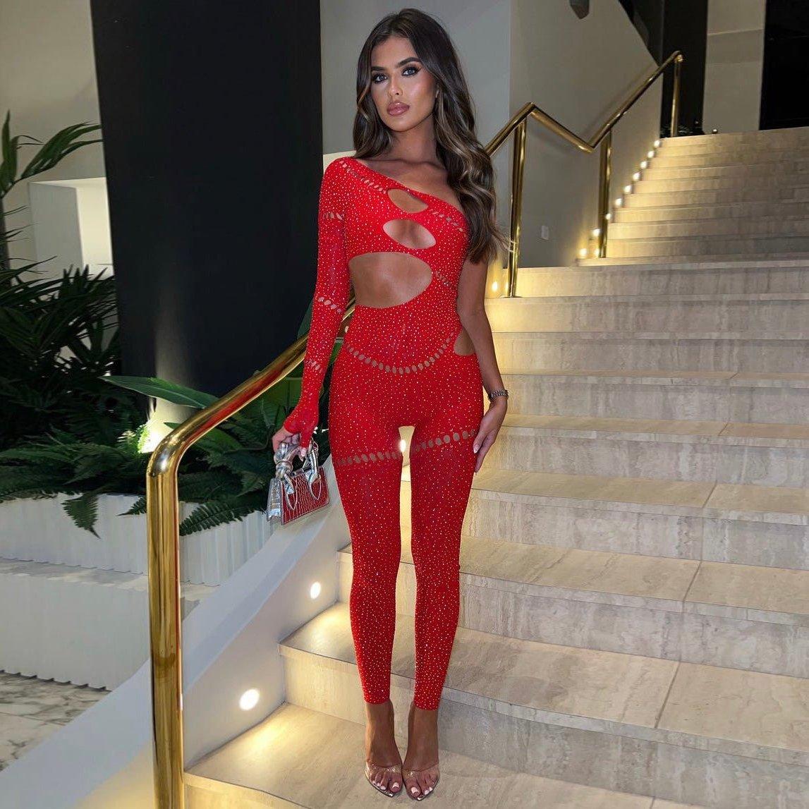 Bad Girl Rhinestone Embellished Red Jumpsuit