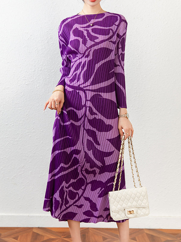 Fashion Floral Printed Pleated Long Sleeves Midi Dress