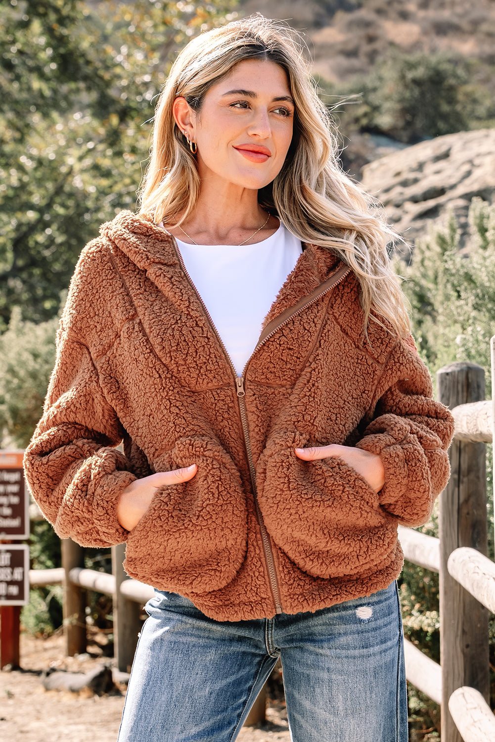 Straw Yellow Zip Up Hooded Sherpa Jacket