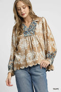 Floral Boho Blouse with Scalloped Hem