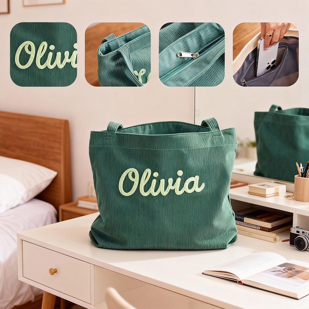 Women's Corduroy Handbag - Minimalist Casual Shoulder Bag with Embroidery