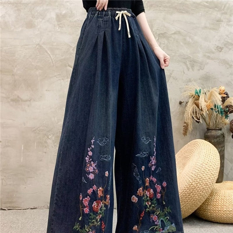 Embroidered High-Waisted Wide-Leg Pants With Tie Waist