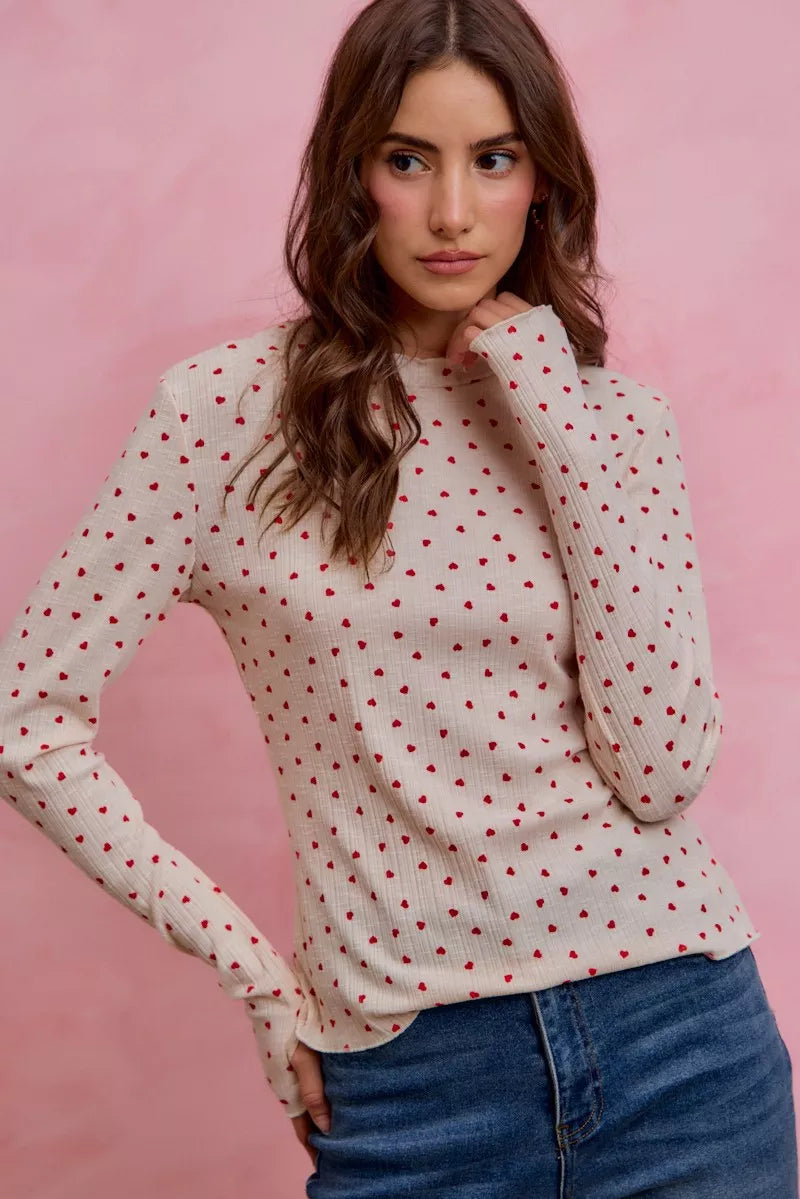 Ditsy Heart All Over Slub Rib Knit Valentine Top