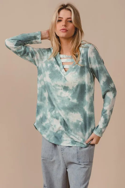 Variegated Tie Dye Rib V-Neck Top with Strapped