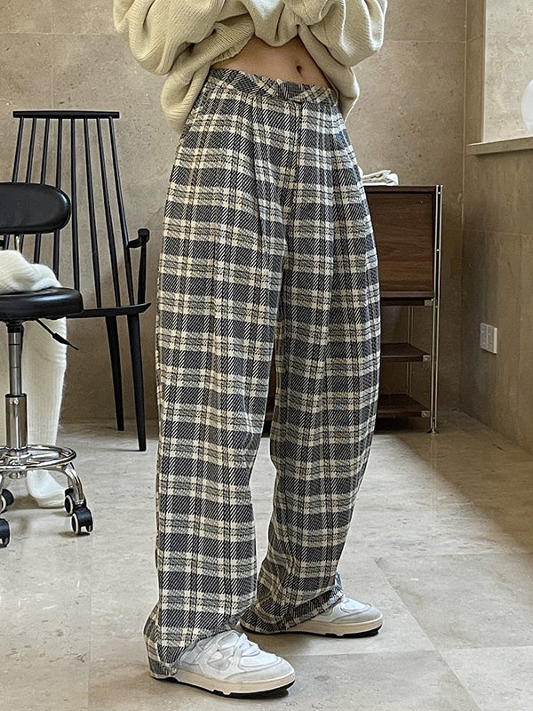Vintage Wide Leg High-Waisted Pleated Plaid Pants