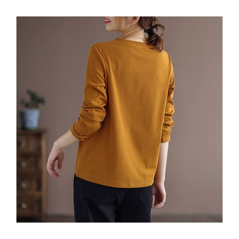 Sure! Here is an optimized title for your clothing product:

"Classic V-Neck Long Sleeve T-Shirt in Solid Color