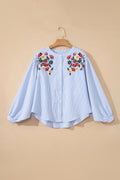 Sky Blue Stripe Floral Embroidered Billowy Sleeve Tunic Baggy Shirt