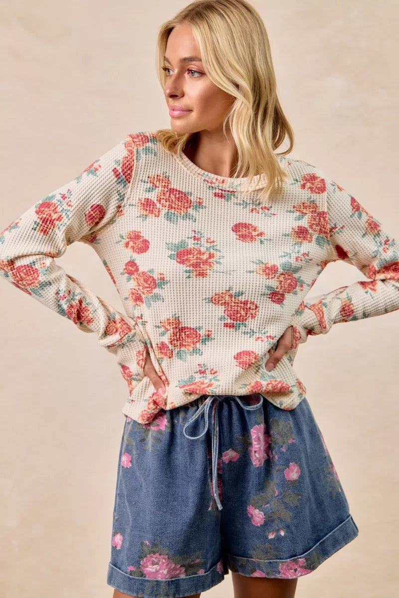 Floral Print Washed Waffle Thermal Top With Thumb