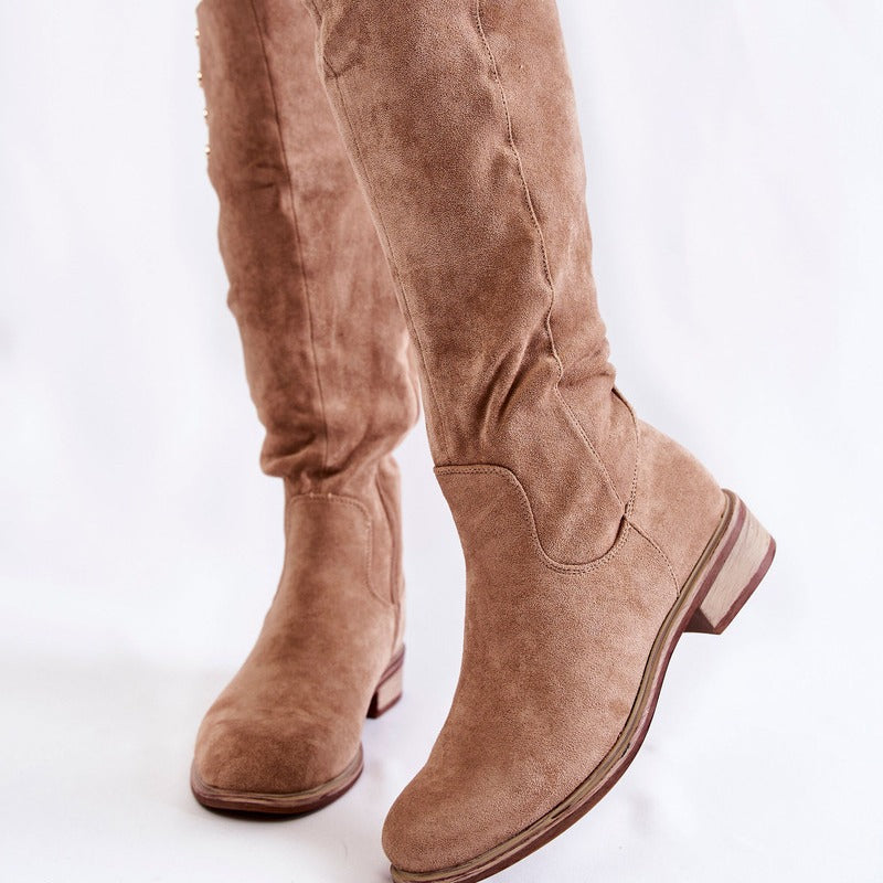 Women's Over-The-Knee Suede Boots | Low Heel Round Toe Side Zipper | Black Brown Khaki
